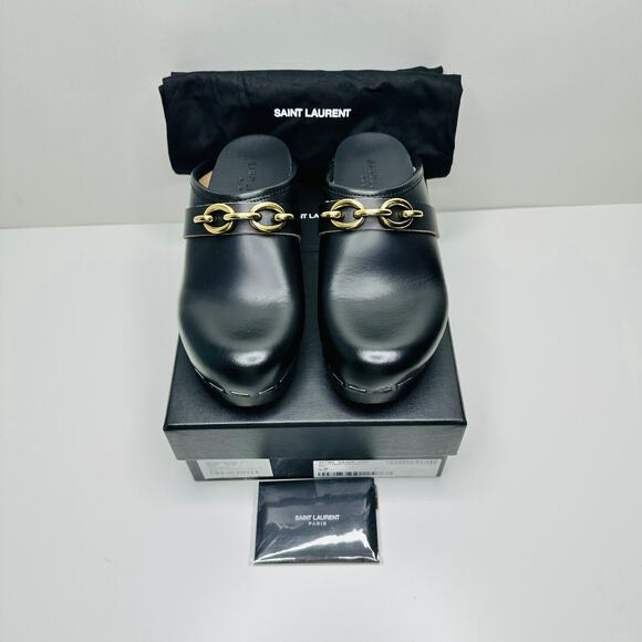 NIB Saint Laurent YSL Le Maillon EU 37 US 7 Chain Clogs Black Leather Shoes $945 - Picture 5 of 15